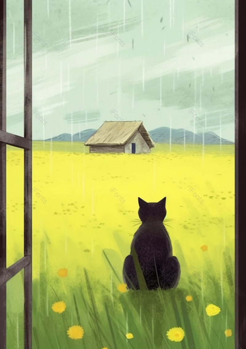 窗边小黑猫雨中独坐金色田地芒种节气插画,插画/手绘图,插画/手绘图库,插画/手绘图下载,插画/手绘